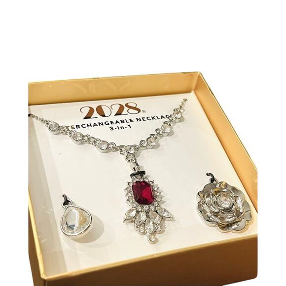 NEW 2028 Interchangeable NECKLACE SET 16" Red & Crystal Teardrop Pendants Boxed - Picture 2 of 4